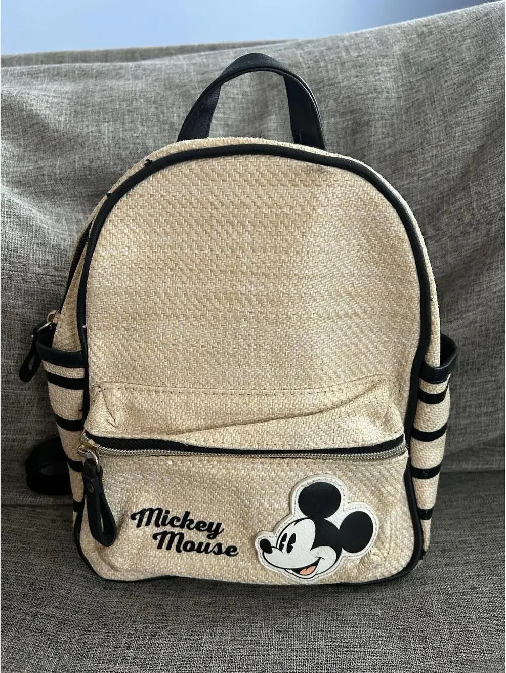 Disney Primary Mickey Mouse Wicker Straw Woven Backpack Travel Bag